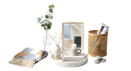 Cozy home decor arrangement featuring a throw blanket, eucalyptus in a vase, framed artwork, books, a candle, and a woven basket, , creating a stylish and inviting space