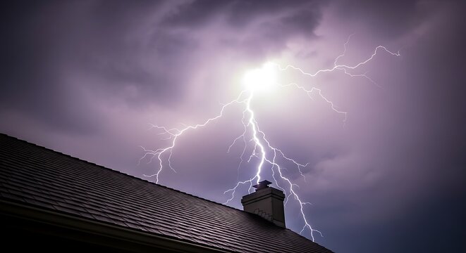 Lightning strike over house roof during thunderstorm at night