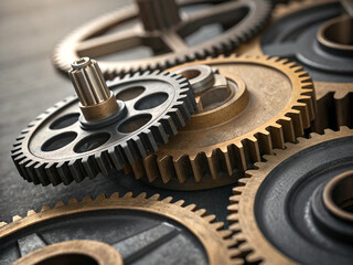 interlocking mechanical gears. The composition features a mix of dark steel and polished brass or bronze gears, tightly packed and engaged.