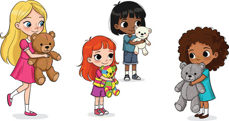 Cartoon, children, teddy, bear, toy, character, cute, diversity, outfit, pose, smile, friendship, childhood, vector, illustration, play, emotion, holding, happy, stuffed