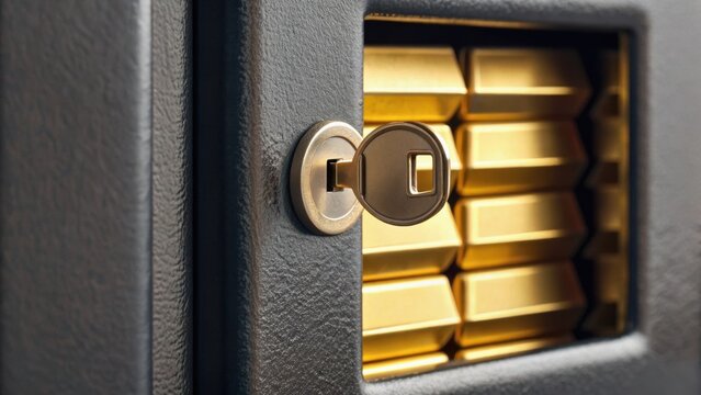 A close-up of a secure safe with a keyhole, revealing gold bars stacked inside, highlighting themes of wealth and security.