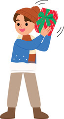 Cute Boy in Winter Clothing Holding Gift Box, He Shaking Present Box and Listen the Sound illustration