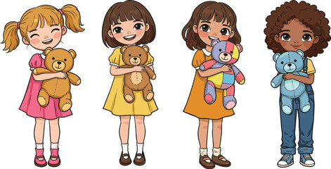 Cartoon, children, teddy, bear, toy, character, cute, diversity, outfit, pose, smile, friendship, childhood, vector, illustration, play, emotion, holding, happy, stuffed