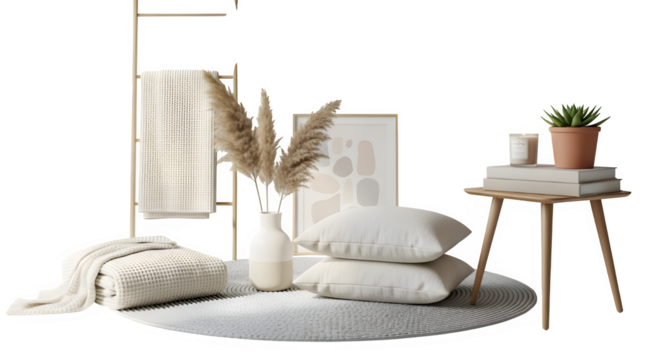Cozy home decor arrangement featuring a ladder with a blanket, pampas grass in a vase, pillows, a framed print, a small table with books, a candle, and a succulent