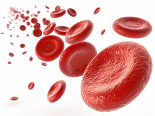 Hyperrealistic 3D render of red blood cells (erythrocytes) appearing slightly elongated or compressed as if passing through a narrow, unseen capillary on a pure white background.