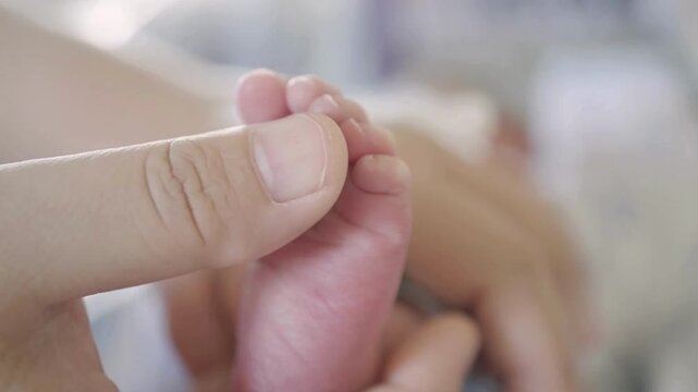 Feet of newborn baby. Little baby feet in mother's hand. mom's hands hold the legs of a small child. Mom and her little baby. Happy Family concept.