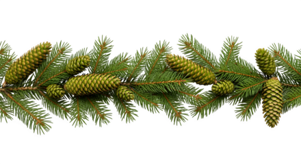 Festive evergreen garland with pine cones on black background