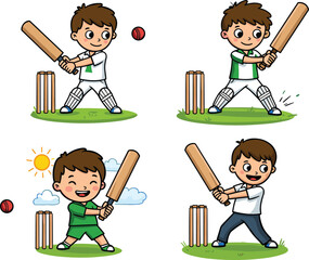 Cartoon, cricket, boys, playing, bat, stumps, sports, children, outdoor, fun, action, vector, illustration, game, character, sunny, outfit, motion, childhood, activity