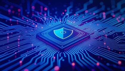 Artificial intelligence powers cyber network with blue electronic processing core concept