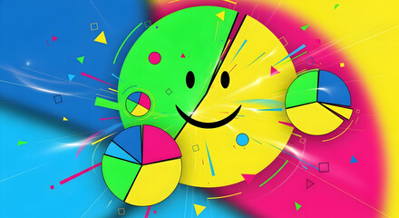 Colorful pie charts representing market segmentation with abstract elements and a smiley face 61187371 1