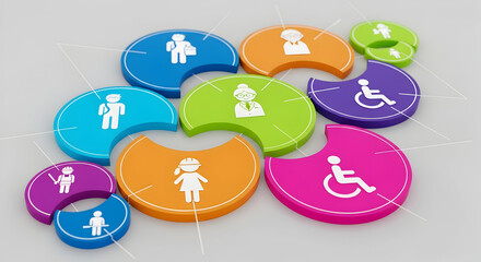 Colorful segmented circles with human icons representing market segmentation and target audience 13707291 1