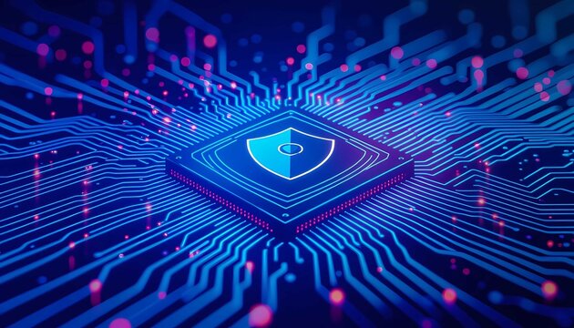 Artificial intelligence powers cyber network with blue electronic processing core concept