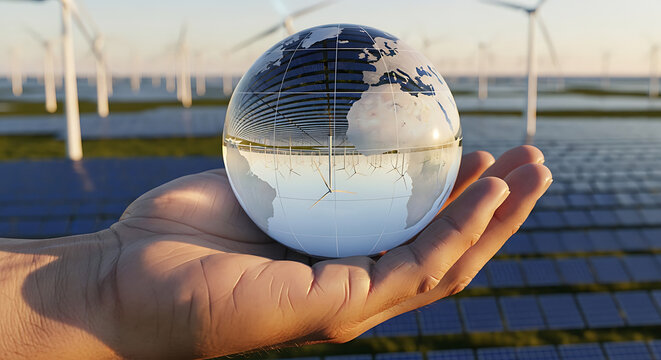 Hand holding a globe reflecting a landscape of solar panels and wind turbines, symbolizing renewable energy and sustainability