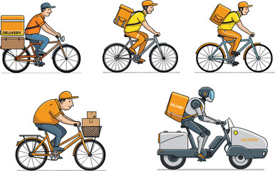 Cartoon, delivery, courier, bicycle, scooter, robot, character, transport, service, boxes, backpack, motion, vector, illustration, logistics, job, uniform, technology, express, package