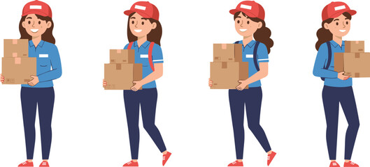 Cartoon, delivery, courier, boxes, character, logistics, service, motion, backpack, red cap, blue shirt, vector, illustration, worker, shipping, express, transport, job, package, movement