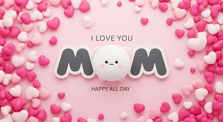 I love you mom happy all day with heart shaped candies on pink background