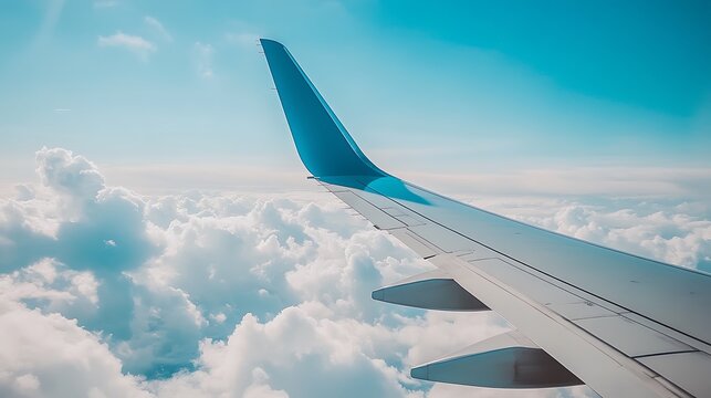 Airplane wing above clouds high resolution photo