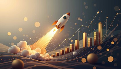Rocket launching symbolizes financial growth on a golden stock chart