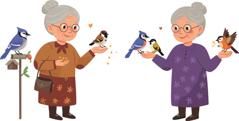Cartoon, elderly, women, bird, feeding, nature, outdoor, character, kindness, animals, plants, vector, illustration, peaceful, care, garden, smile, interaction, senior, wildlife