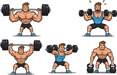 Cartoon, man, weightlifting, exercise, gym, fitness, strength, barbell, dumbbell, kettlebell, pose, muscle, vector, illustration, workout, training, activity, power, sport, sweat