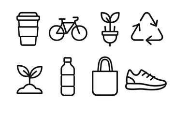 Eco-Friendly Icons. Eco Habits linear icon set: reusable cup, bicycle icon, eco plug, recycling arrows, plant sprout, water bottle, tote bag, sustainable shoe.