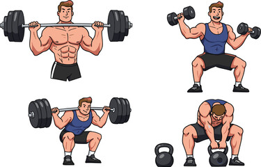 Cartoon, man, weightlifting, exercise, gym, fitness, strength, barbell, dumbbell, kettlebell, squat, muscle, vector, illustration, workout, training, activity, power, pose, sweat