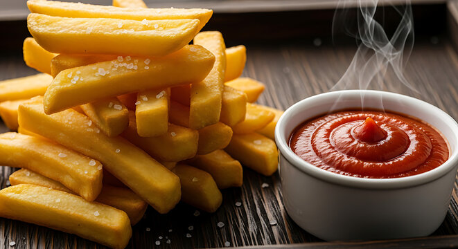 Close-up of hot french fries with a side of ketchup