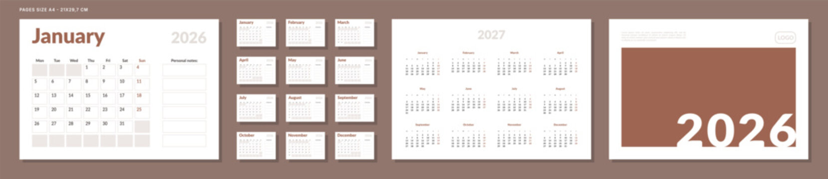 2026 Calendar Planner Set of Template grid Monthly Page with Note, Cover with Place for Photo, Company Logo, Annual 2027. Vector layout of wall or desk calend with week start Monday in print. Pages A4