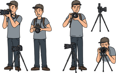 Cartoon, photographer, camera, tripod, pose, character, outdoor, hobby, gear, setup, crouch, standing, vector, illustration, activity, emotion, casual, photography, technique, backpack