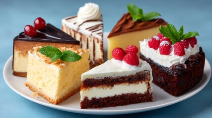 Dessert plate presenting different cake slices and cheesecake
