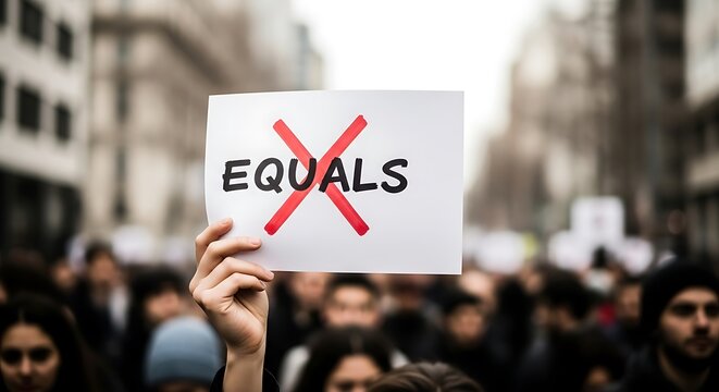 Protester holding a sign that says equals with a red cross through it