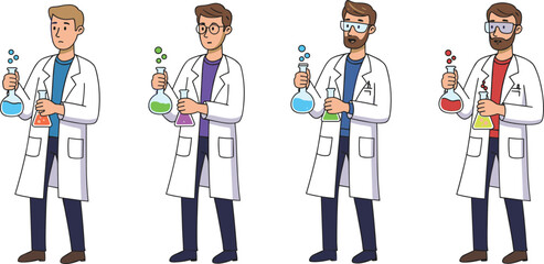Cartoon, scientists, lab, chemistry, experiment, flask, liquid, bubbles, character, pose, diversity, vector, illustration, research, science, teamwork, color, activity, equipment, reaction