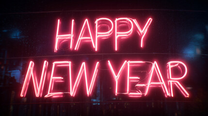 Bright pink neon sign reads happy new year in the dark