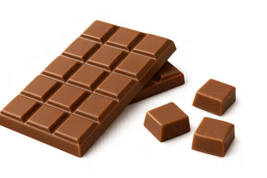Milk chocolate bar and individual chocolate squares on a transparent background, depicting sweet candy, dessert, and food items - Powered by Adobe