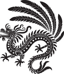 Intricate black and white chinese dragon illustration with feathered tail