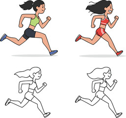 Cartoon, women, running, fitness, sport, exercise, outline, color, character, pose, active, vector, illustration, motion, health, outfit, energy, activity, training, dynamic
