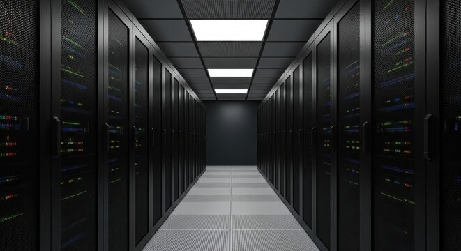 Data center server room with rows of rack servers, dark information technology