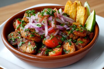 Fototapeta premium Peruvian Sudado de Pollo dish with fried plantains