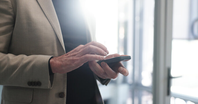 Phone, hands and businessman in office with communication, networking or email for finance project. Technology, scroll and male financial manager with company cellphone for contact on investment deal