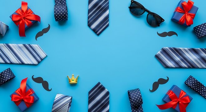 Fathers day background with ties, gift boxes and sunglasses on blue