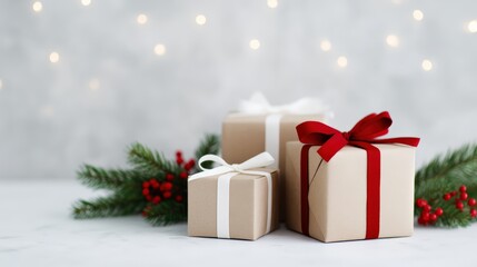 Obraz premium Christmas presents wrapped in simple paper with festive red and white ribbons, fir branches, and red berries on a light background with bokeh