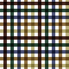Description
A seamless plaid or tartan pattern featuring a grid of dark brown, forest green, and navy blue lines intersecting over a light khaki and white background
