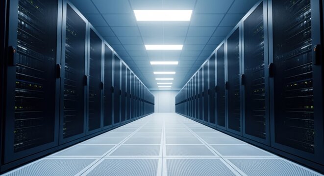 Data center with rows of server racks for data storage and processing