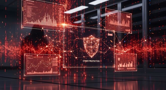 Cyber Protection with Digital Shield on Server Room Background for Network Security Data and Information Safety in Technology 150chr