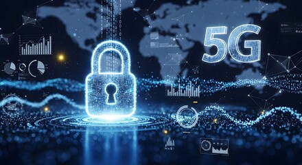 5g network security concept with padlock on digital world map for data protection and global communication with future technology 150