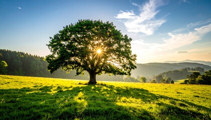 A solitary tree basks in the sun's warm glow on a grassy field. Mountains are visible in the background