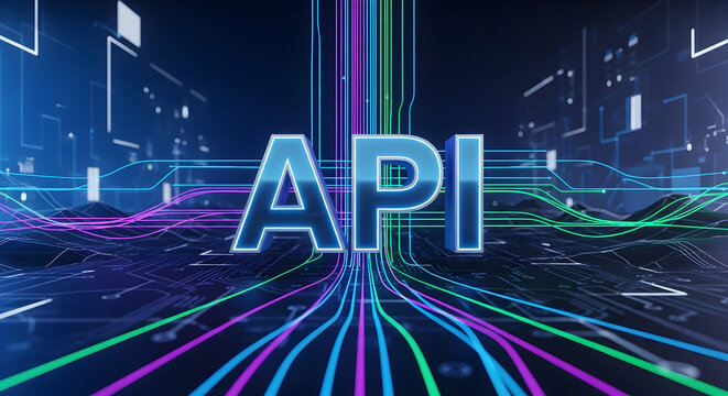 API concept featuring the letters API displayed surrounded by luminous lines and set against a futuristic abstract technology-inspired backdrop symbolizing connectivity and software integra 38993464 1
