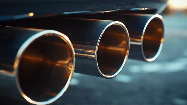Close-up view of shiny exhaust tips on a performance car parked in a city setting during sunset