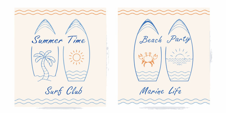 Two surfboards with summer beach themes and text for surf club and marine life events