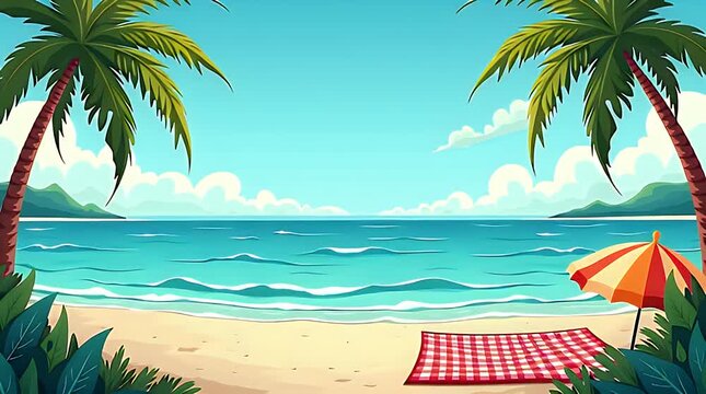 Playful comic-style seaside picnic background with ocean waves, sand, picnic blanket, umbrella, and tropical palm trees, designed in bright cartoon vector style with central empty area for text.